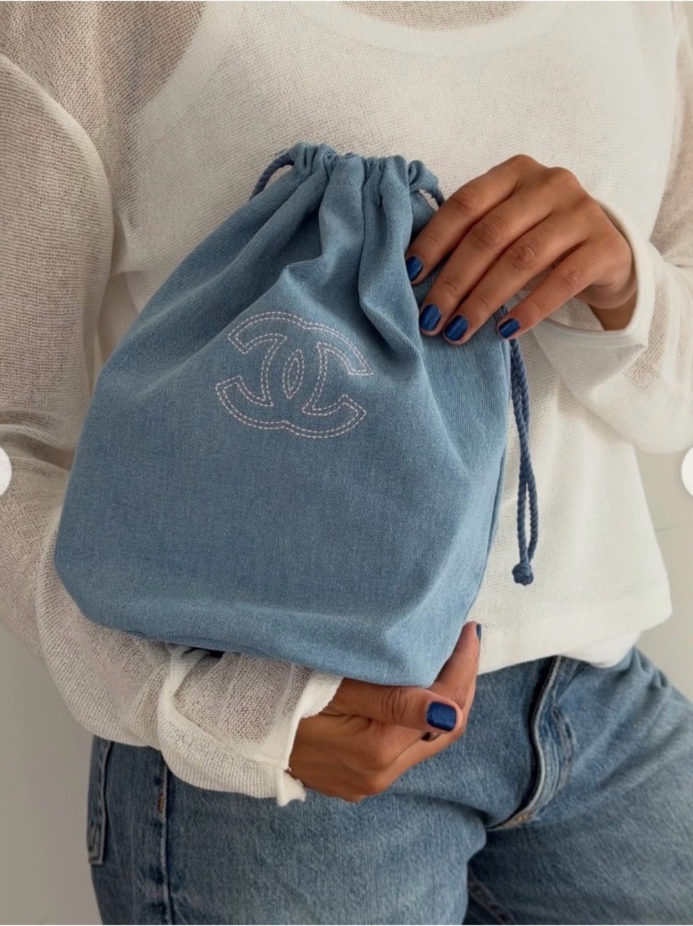 CHANEL Makeup Bag/ Light Blue Drawstring Cosmetic Pouch